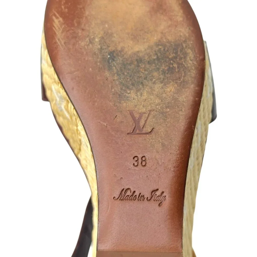 Louis Vuitton Raffia Logo & Burgundy Leather Platform Wedge Sandals - Picture 9 of 10